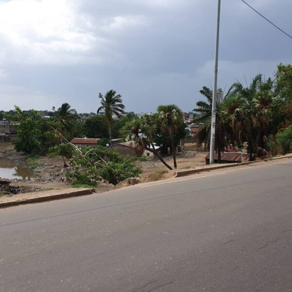 Terrain et habitations le long dune route au Togo, zone concernée par une expropriation pour utilité publique