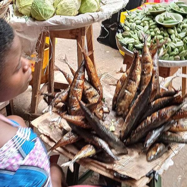 Réclamer ses droits au Togo : jeune vendeuse devant son étal de poisson fumé au marché de Hédzranawoé à Lomé