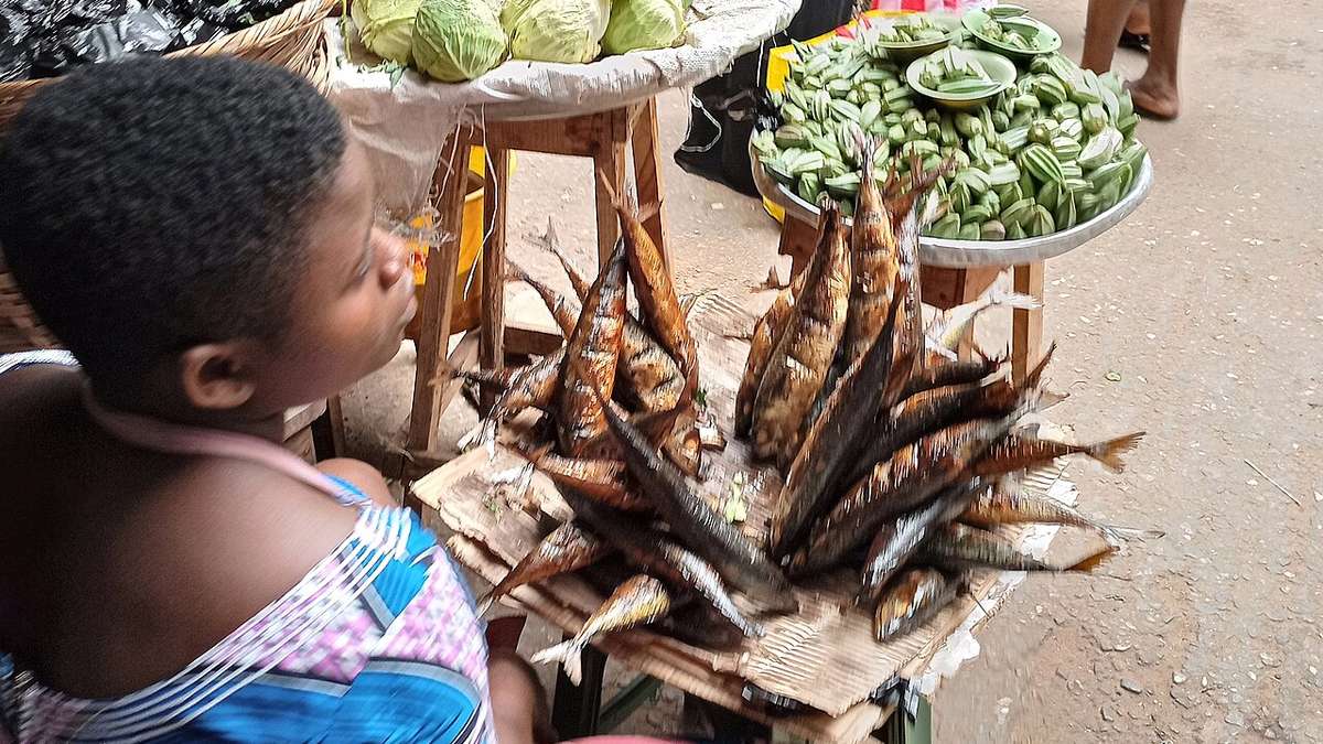 Réclamer ses droits au Togo : jeune vendeuse devant son étal de poisson fumé au marché de Hédzranawoé à Lomé